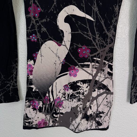 Christian Audigier Crystal Rock Top Womens XS Crane Blossom Y2K Tunic Shirt Tee - Picture 6 of 12